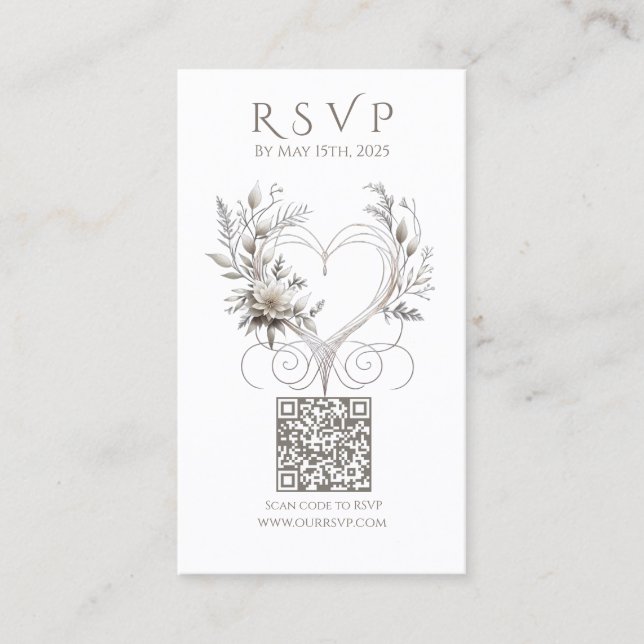 Carte De Visite Mariage RSVP QR code-Fleurs blanches avec un coeur (Devant)