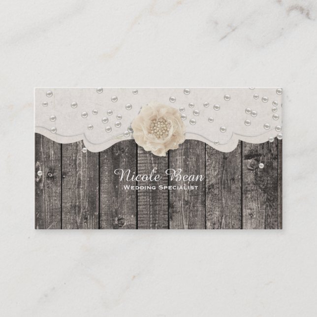 Carte De Visite Mariage rustique en bois avec fleurs blanches roma (Devant)