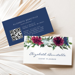 Carte De Visite Marine Bleu Bourgogne Aquarelle Floral QR Code