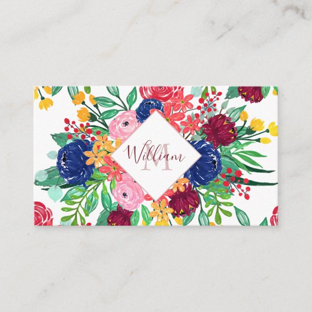 Carte De Visite Marine bleu et rouge aquarelle boho chic Fleurs (Devant)