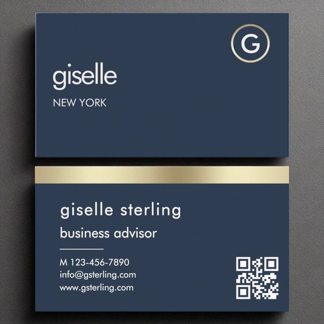 Carte De Visite Marine bleu QR Code Faux Gold Foil Monogramme (Créateur téléchargé)