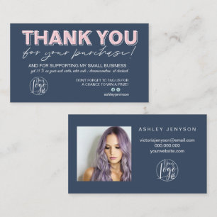 Carte De Visite Marine bleu rose script photo logo commander merci