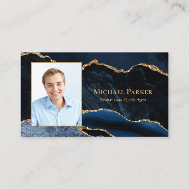 Carte De Visite Marine Blue Gold Agate Photo Professionnel (Devant)