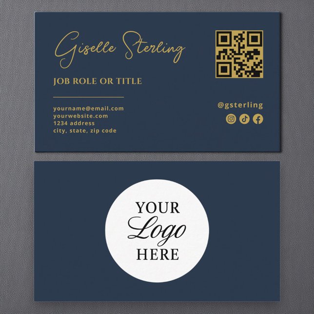 Carte De Visite Marine Blue Gold Logo QR Code Professional Company (Créateur téléchargé)