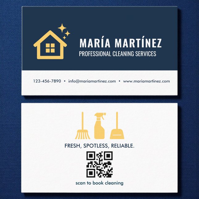 Carte De Visite Marine Blue & Gold QR Code Services de nettoyage d (Créateur téléchargé)
