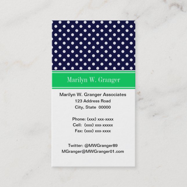 Carte De Visite Marine Blue Wt Polka Dot Emerald Nom vert Monogram (Devant)