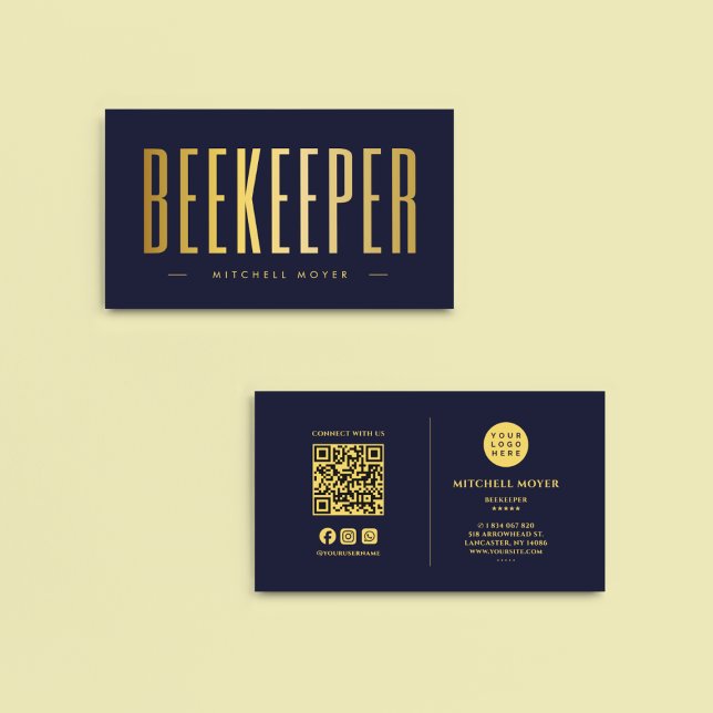 Carte De Visite Marine Et Gold Beekeeper QR Code & Logo (Créateur téléchargé)