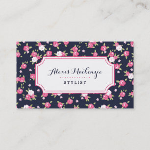 Carte De Visite Marine et rose Chic Vintage Floral Print