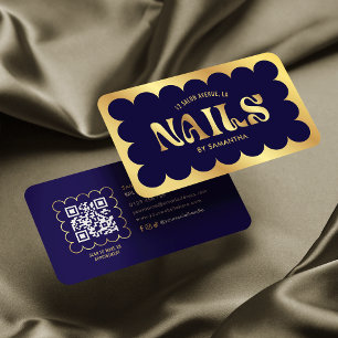 Carte De Visite Marine & Gold Moderne QR Code Manicure Nails Salon