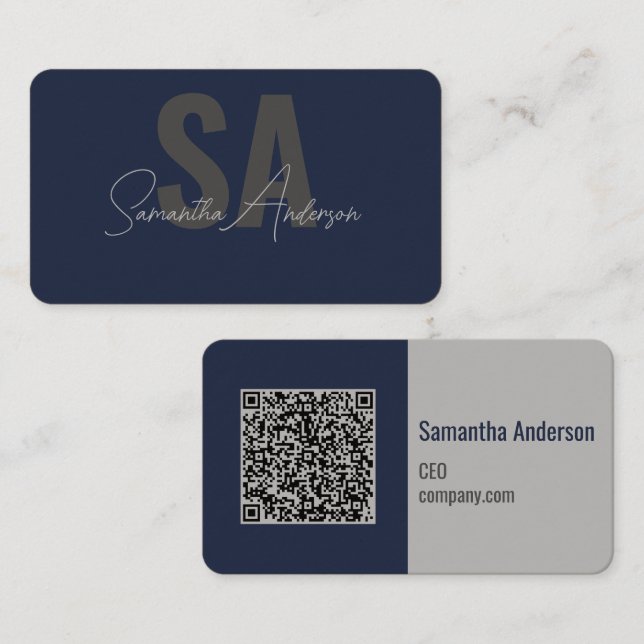 Carte De Visite Marine moderne bleu & argent avec code QR | (Devant / Derrière)