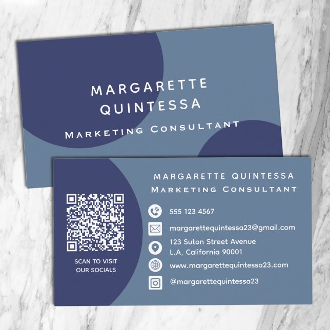 Carte De Visite Marine moderne bleu et blanc QR Code Social Media (Créateur téléchargé)