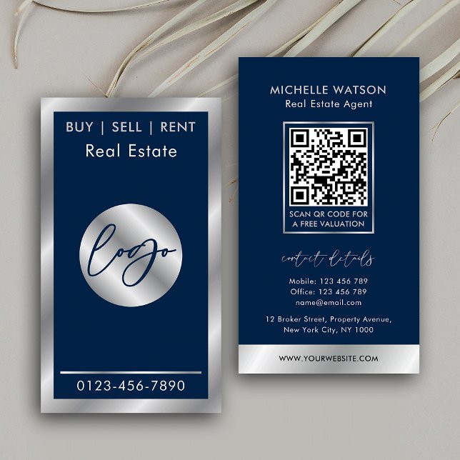 Carte De Visite Marine & Silver Logo Elegant Immobilier Code QR (Elegant navy blue and silver effect QR code vertical business cards for property sales agents)