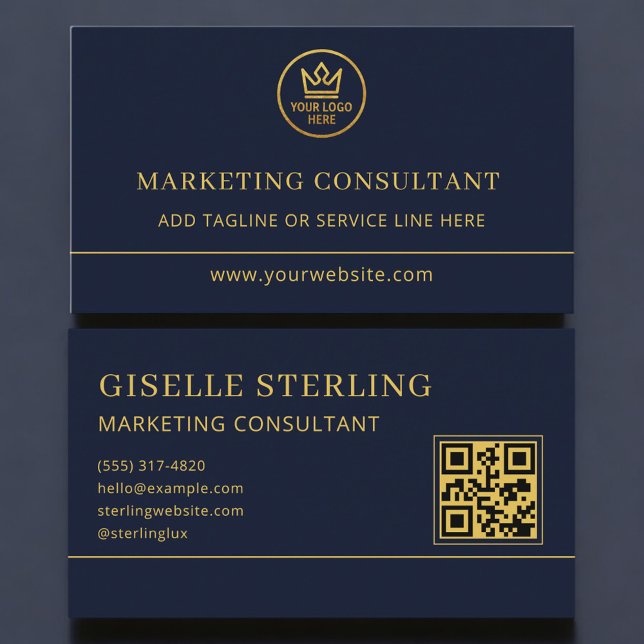 Carte De Visite Marketing Consultant Blue Gold Logo QR Code (Créateur téléchargé)