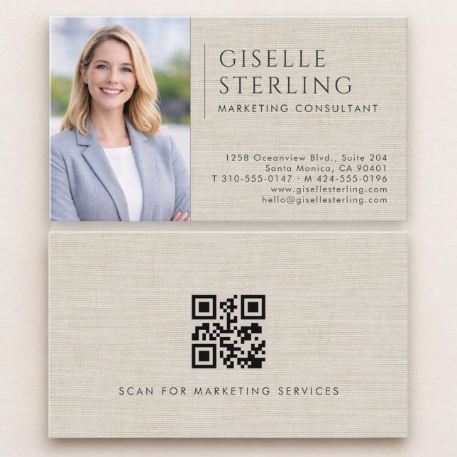 Carte De Visite Marketing Consultant Linen Photo QR Code (Créateur téléchargé)