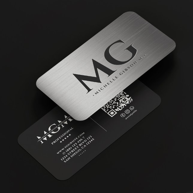 Carte De Visite Marketing Métallo Argent Monogramme Élégant Modern (Marketing Metallic Silver Monogram Elegant Modern Business Card
)