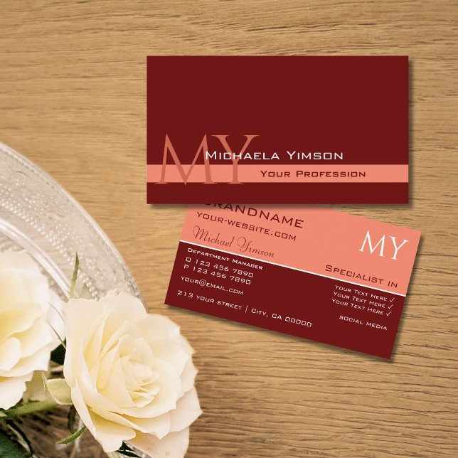 Carte De Visite Maroon et corail avec Initiales Professionnel Simp (Créateur téléchargé)