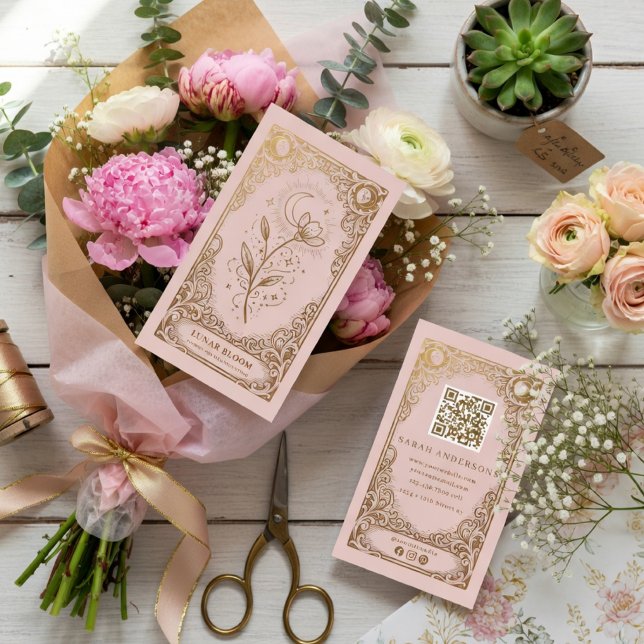 Carte De Visite Marque Botanique de Luxe Fleurs Rose Poudré Or (Créateur téléchargé)