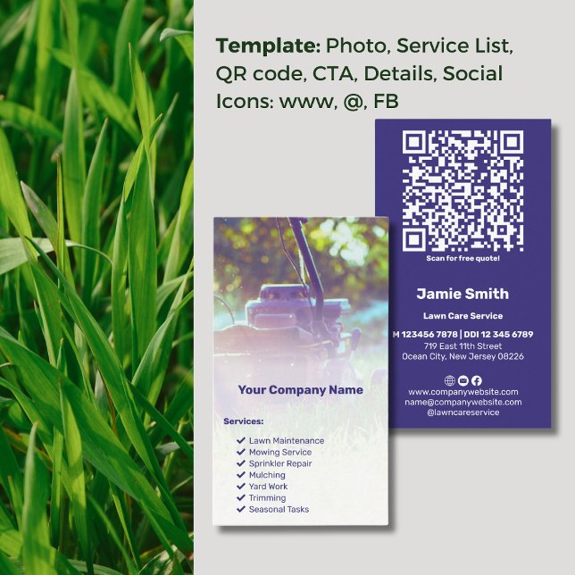 Carte De Visite Marque du service de pelouse Code QR Photo tondeus (Lawn Service Branding QR Code Photo Lawn Mower Business Card, Service List, Icons: www, @, FB)