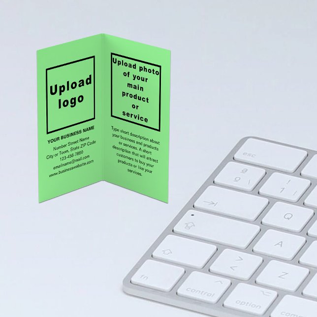 Carte De Visite Marque et produit sur vert clair plié (Light green folded business card with your brand and product)
