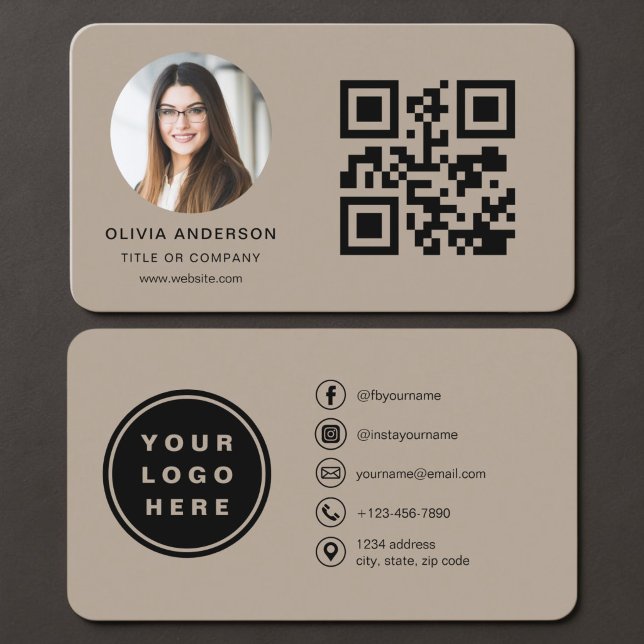 Carte de visite marron avec code QR Photo (Créateur téléchargé)