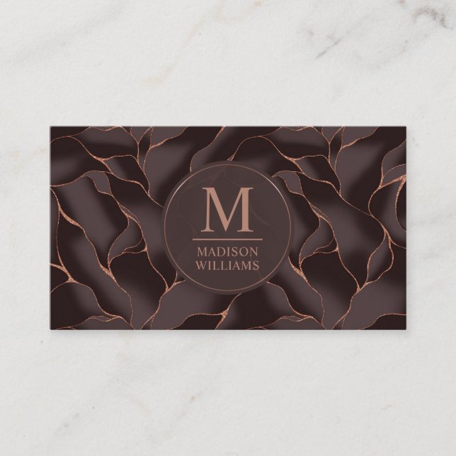 Carte De Visite Marron Chocolat & Or Rose Motif Vague Abstrait (Devant)