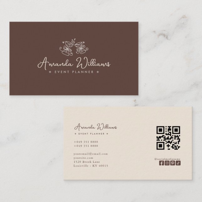 Carte de visite marron élégante avec QR Code pour  (Devant / Derrière)