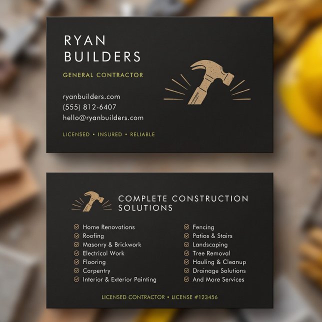 Carte De Visite Marteau doré noir moderne de construction personna (Construction Modern Black Gold Hammer Custom Business Card)
