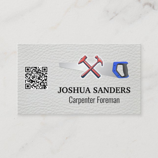 Carte De Visite Marteaux et scie | Cuir blanc | Code QR (Devant)