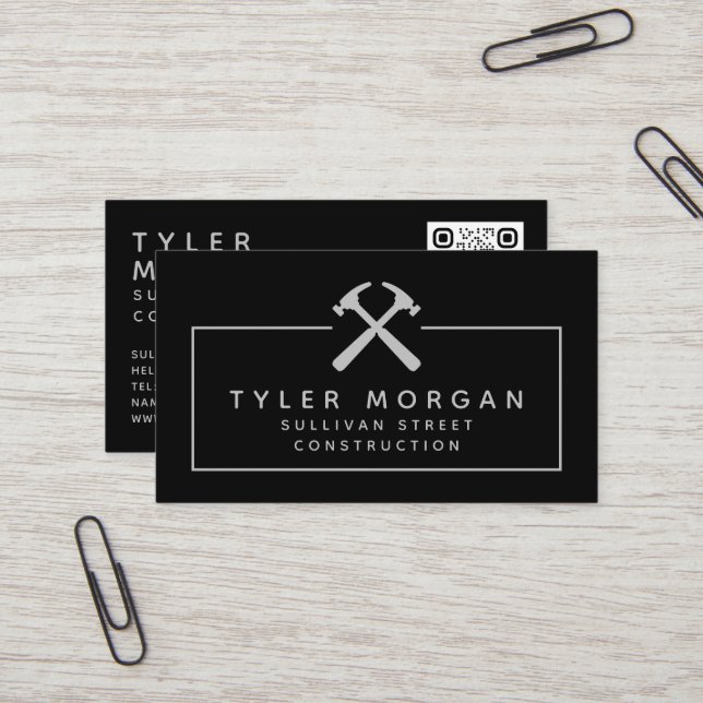 Carte De Visite Marteaux Noir Argent QR Code construction (Devant/Arrière en situation)
