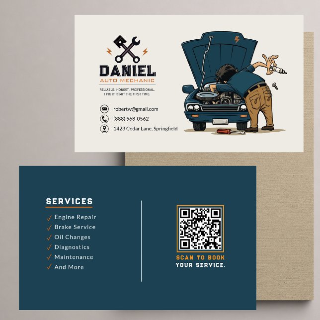 Carte De Visite Mascotte drôle de mécanicien automobile Code QR Ré (Créateur téléchargé)