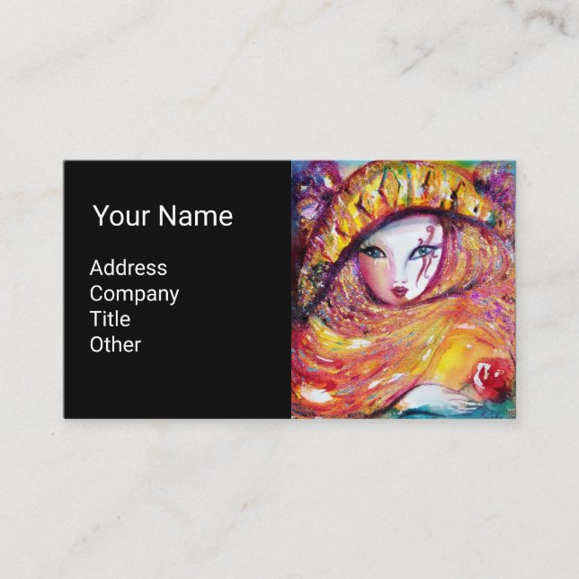 Carte De Visite MASQUE EN JAUNE AVEC ROSE ROSE ROUGE Artiste maqui (Devant)