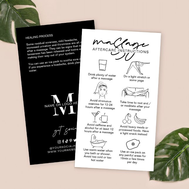 Carte De Visite Massage Instructions pour soins postérieurs Massag (Massage aftercare cards in modern black and white design with care icons and contact details)