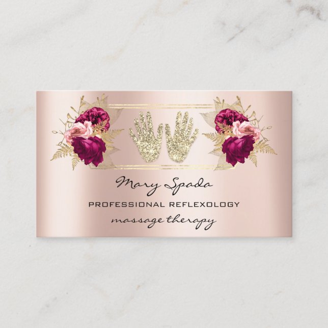 Carte De Visite Massage Réflexologie Reiki Mains Rose or QR Code (Devant)