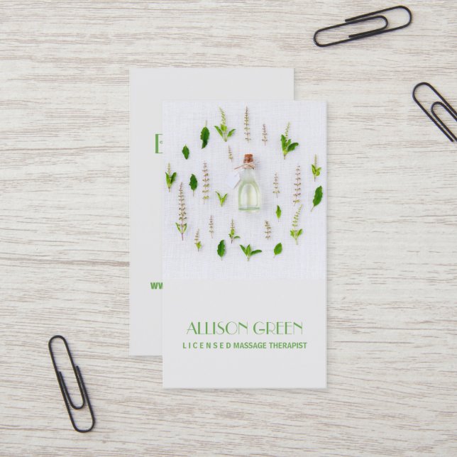 Carte De Visite Massage Thérapie Aromathérapie à l'huile essentiel (Devant/Arrière en situation)