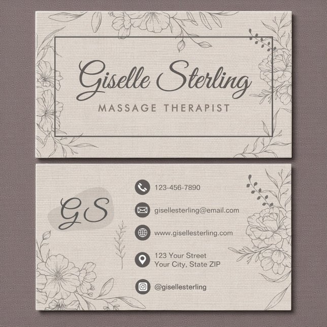 Carte De Visite Massage Therapist Beige Linen Floral Line Art (Créateur téléchargé)
