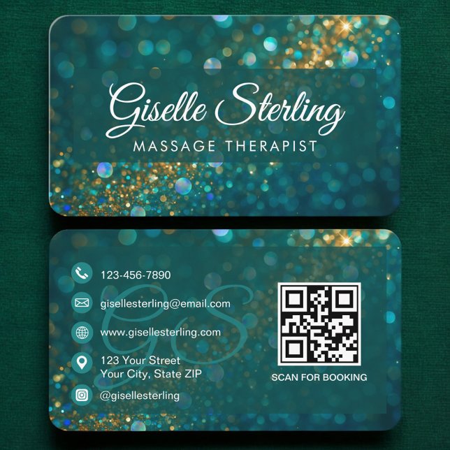 Carte De Visite Massage Therapist Green Gold QR Code (Créateur téléchargé)
