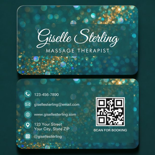 Carte De Visite Massage Therapist  Green Gold QR Code Professional (Créateur téléchargé)
