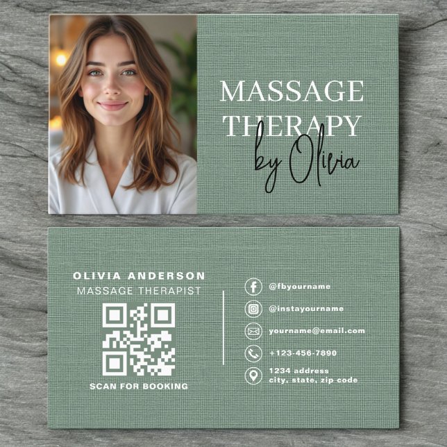 Carte De Visite Massage Therapist Photo Linen Sage Green  (Créateur téléchargé)