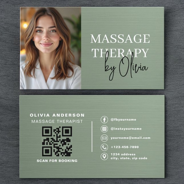 Carte De Visite Massage Therapist Photo Metallic Sage Green  (Créateur téléchargé)