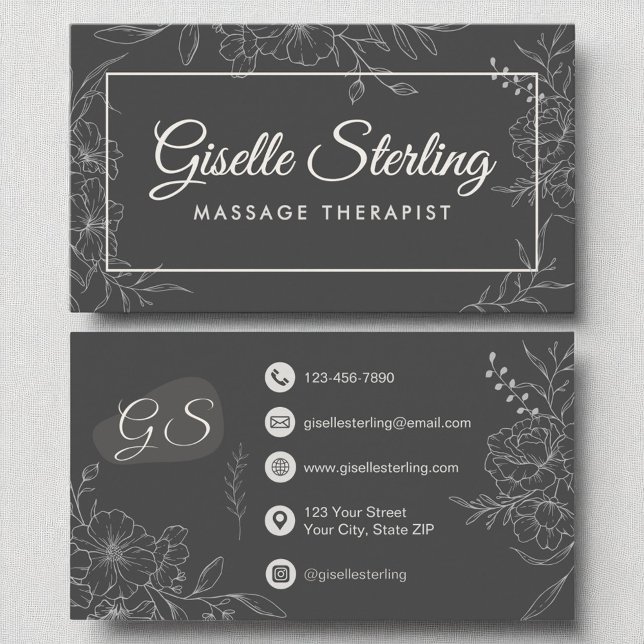 Carte De Visite Massage Thérapiste Moody Charcoal Grey Floral (Créateur téléchargé)