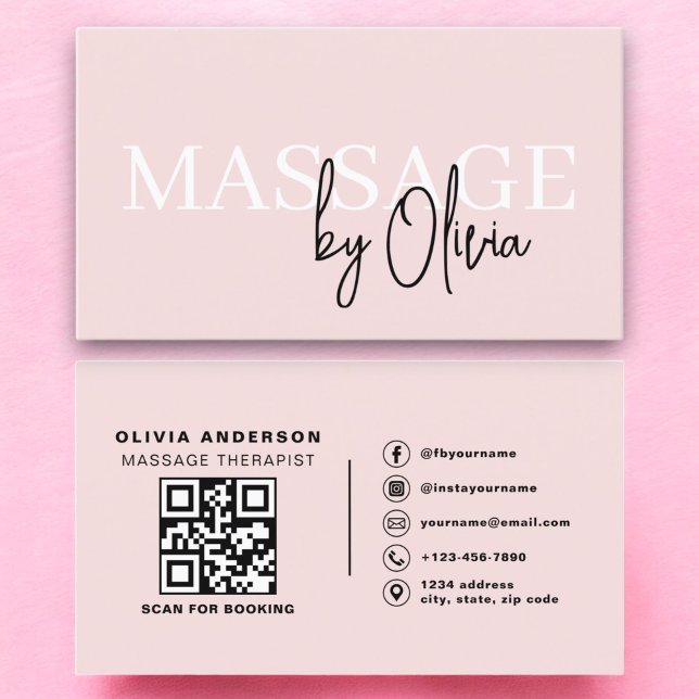 Carte De Visite Massage Thérapiste QR Code rose pâle (Créateur téléchargé)
