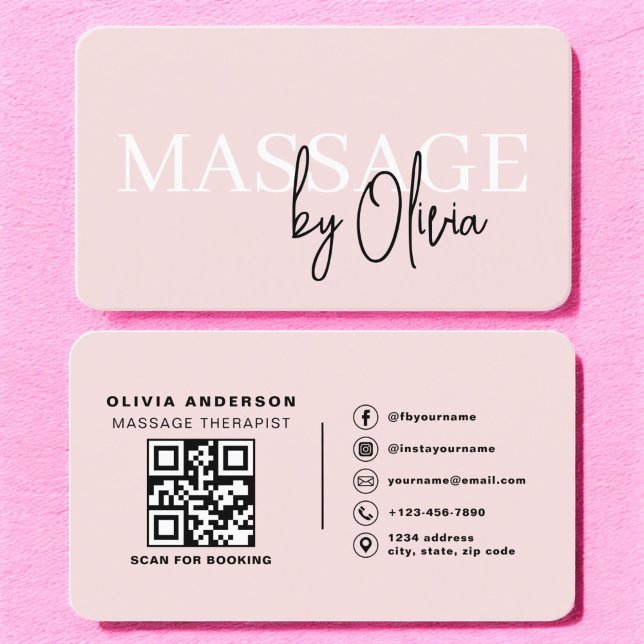 Carte De Visite Massage Thérapiste QR Code rose pâle (Créateur téléchargé)