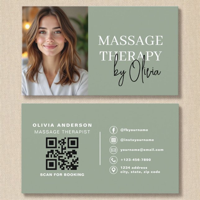 Carte De Visite Massage Thérapiste QR Code Sage Green Photo (Créateur téléchargé)