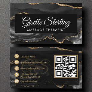 Carte De Visite Massothérapeute Artiste QR Code Black Gold Agate