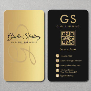 Carte De Visite Massothérapeute Monogram Gold Black QR Code