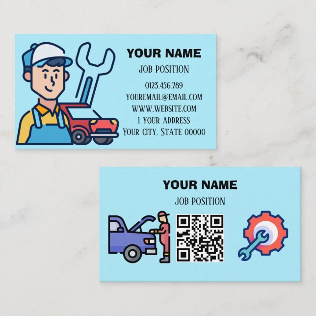Carte De Visite Mécanicien Automobile Moderne Code QR Bleu Clair (Devant / Derrière)