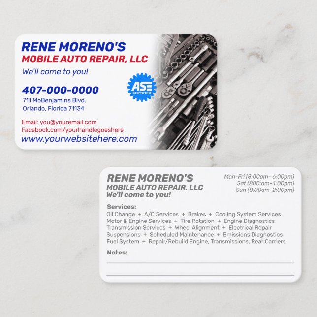 Carte De Visite Mécanique de réparation automobile mobile 2 Côté B (Devant / Derrière)