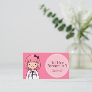 Carte De Visite Médecin féminine de dessin animé aux cheveux roses