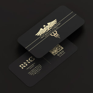 Carte De Visite Médecin Médicale moderne Monogram Caduceus Black G