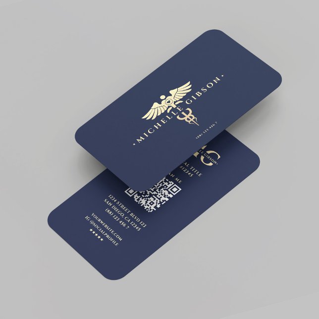 Carte De Visite Médecine moderne Infirmière Caduceus Bleu foncé Or (Modern Doctor Nurse Caduceus Dark Blue Gold Business Card
)